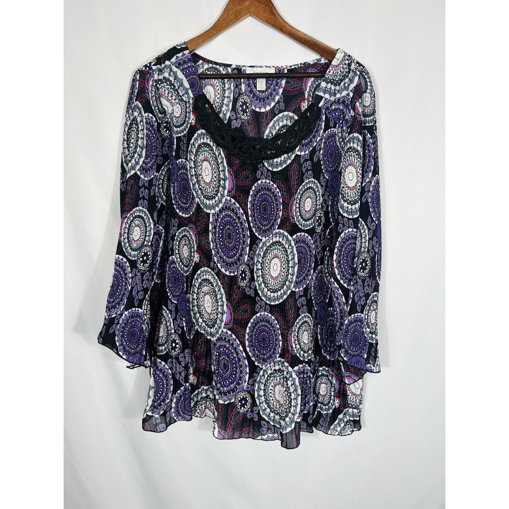 Cato Women's Sheer Crinkle Top Size 3X Purple‎ Geometric Boho Artsy Office Event